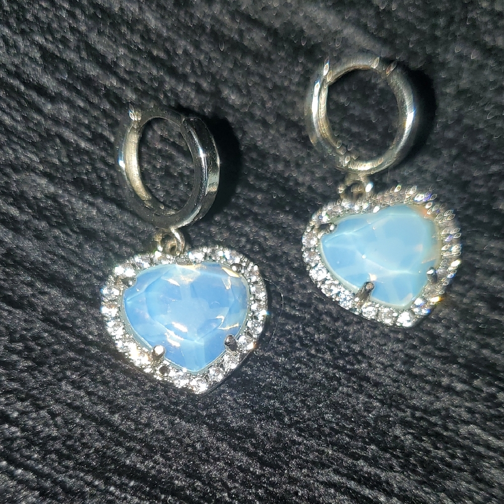 Silver Heart Faceted Genuine Moostone Huggie Hoop Dangle Drop Earrings CZ Halo
